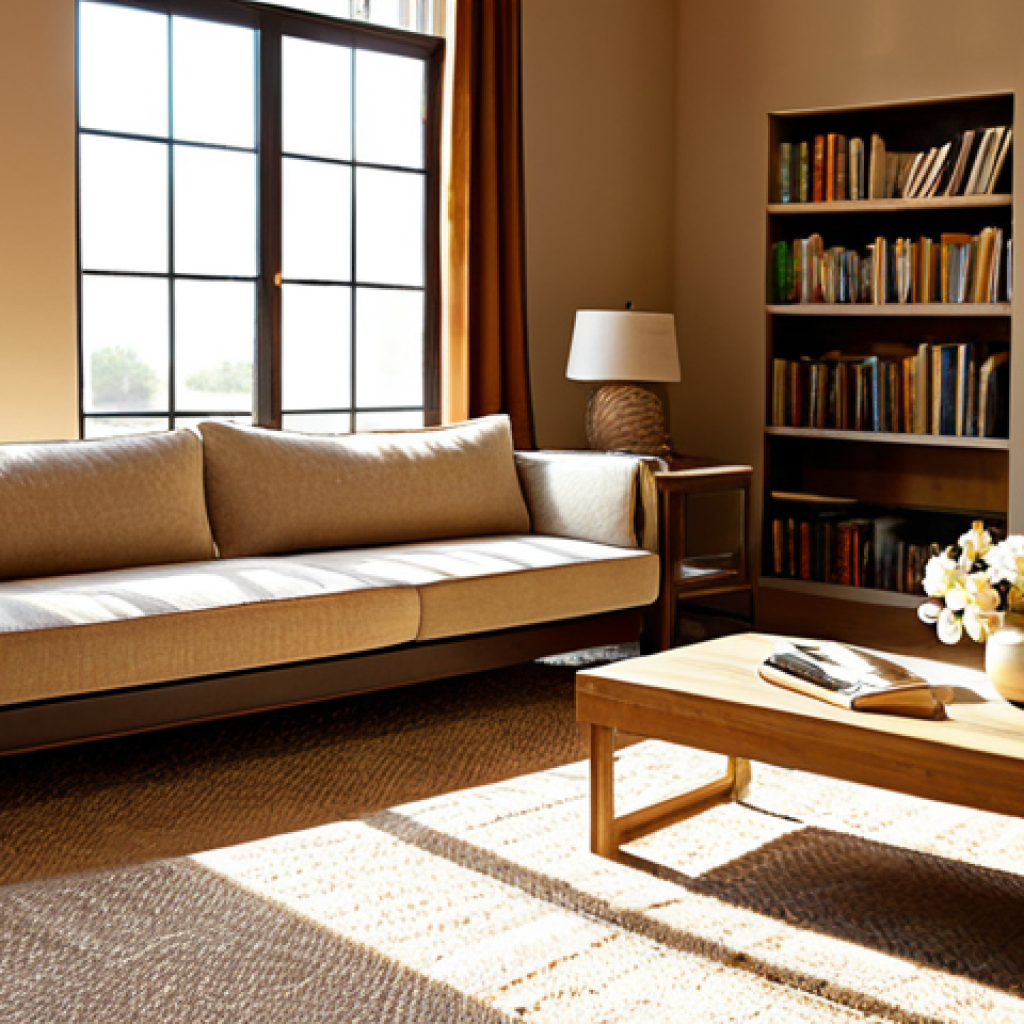 Cozy Living Room with Warm Color Palette**

"A living room featuring a warm color palette with 톤온톤 shades of beige and cream, fully clothed, appropriate content, safe for work. A comfortable sofa with textured cushions, a wooden coffee table with books and a vase of flowers, and a soft rug. Perfect anatomy, correct proportions, natural pose. Sunlight streams through the window, casting a warm glow. High quality, professional photography, modest decor."

**