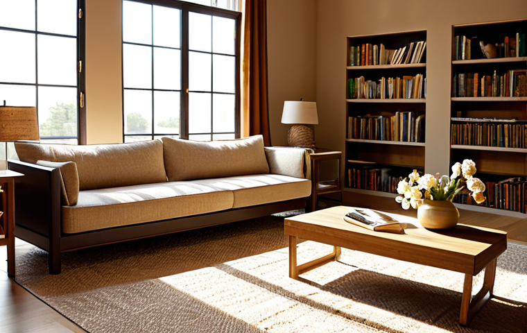 Cozy Living Room with Warm Color Palette**

"A living room featuring a warm color palette with 톤온톤 shades of beige and cream, fully clothed, appropriate content, safe for work. A comfortable sofa with textured cushions, a wooden coffee table with books and a vase of flowers, and a soft rug. Perfect anatomy, correct proportions, natural pose. Sunlight streams through the window, casting a warm glow. High quality, professional photography, modest decor."

**