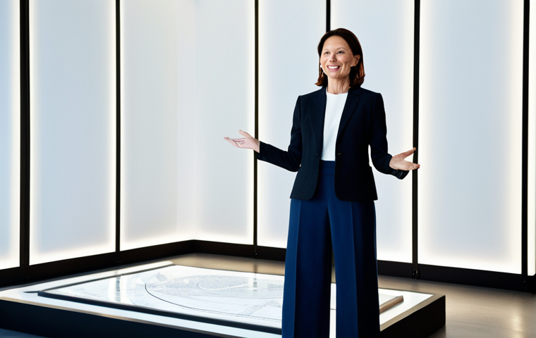 홈디자인 국제 인증 취득 과정 - A confident female home design professional in her mid-30s stands in a sleek, modern, sunlit office....