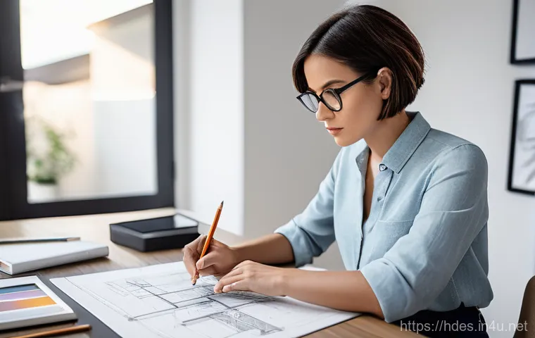 홈디자인 관련 자격증 종류 - **Image Prompt 1: Interior Architecture Professional at Work**
    A focused young female interior a...