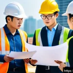 Home 12 홈디자인 리더십과 팀워크 강화법 - A construction site leader attentively listening to diverse team members sharing ideas and concerns,...