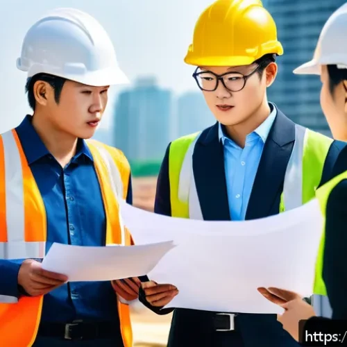 Home 24 홈디자인 리더십과 팀워크 강화법 - A construction site leader attentively listening to diverse team members sharing ideas and concerns,...