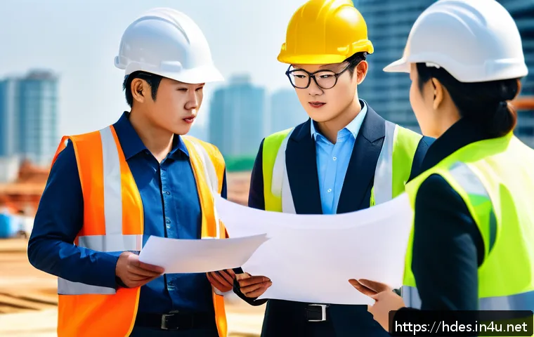 홈디자인 리더십과 팀워크 강화법 - A construction site leader attentively listening to diverse team members sharing ideas and concerns,...