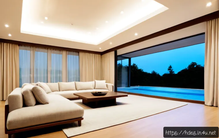 홈디자인 실내 조명 디자인 기법 - Photorealistic modern living room interior demonstrating layered home lighting design, warm recessed...